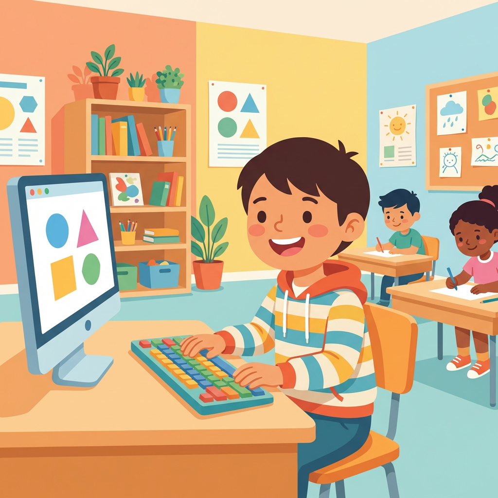 教室でタイピングを楽しむ子供のイメージ
